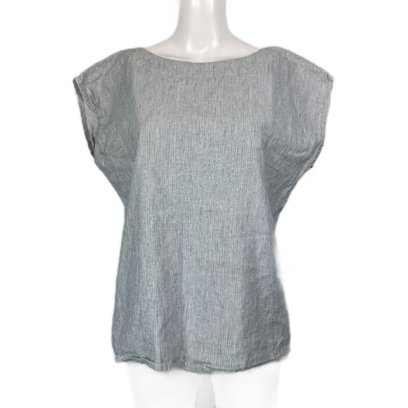 Linenbee Shirt Womens L Blue White Linen Breathable Short Sleeve Boxy Minimalist - Picture 1 of 9